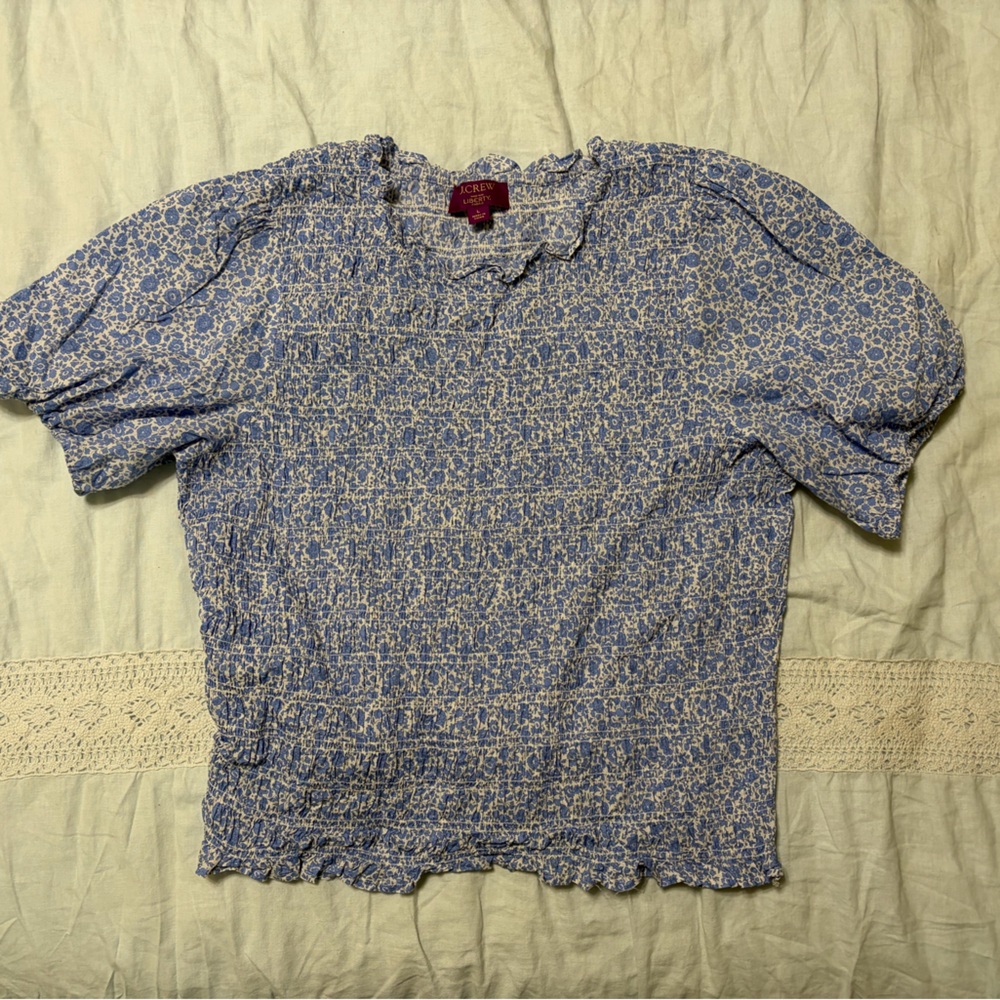 J. Crew X Liberty London smocked light blue floral top